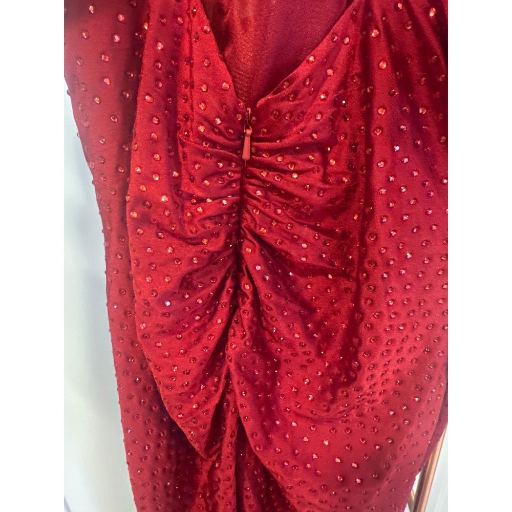Ruby Red Rhinestone Ruched Prom Dress High Slit Formal Evening Gown Size 8 - Picture 4 of 7